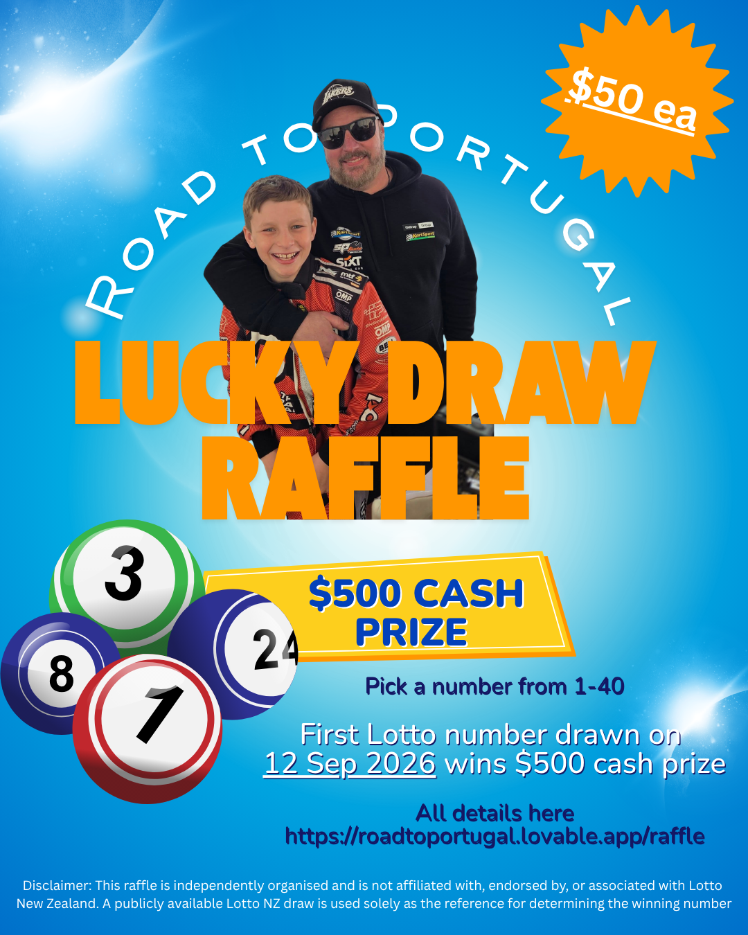 Road to Portugal Lucky Draw Raffle — $500 cash prize, $50 per ticket, pick a number from 1-40